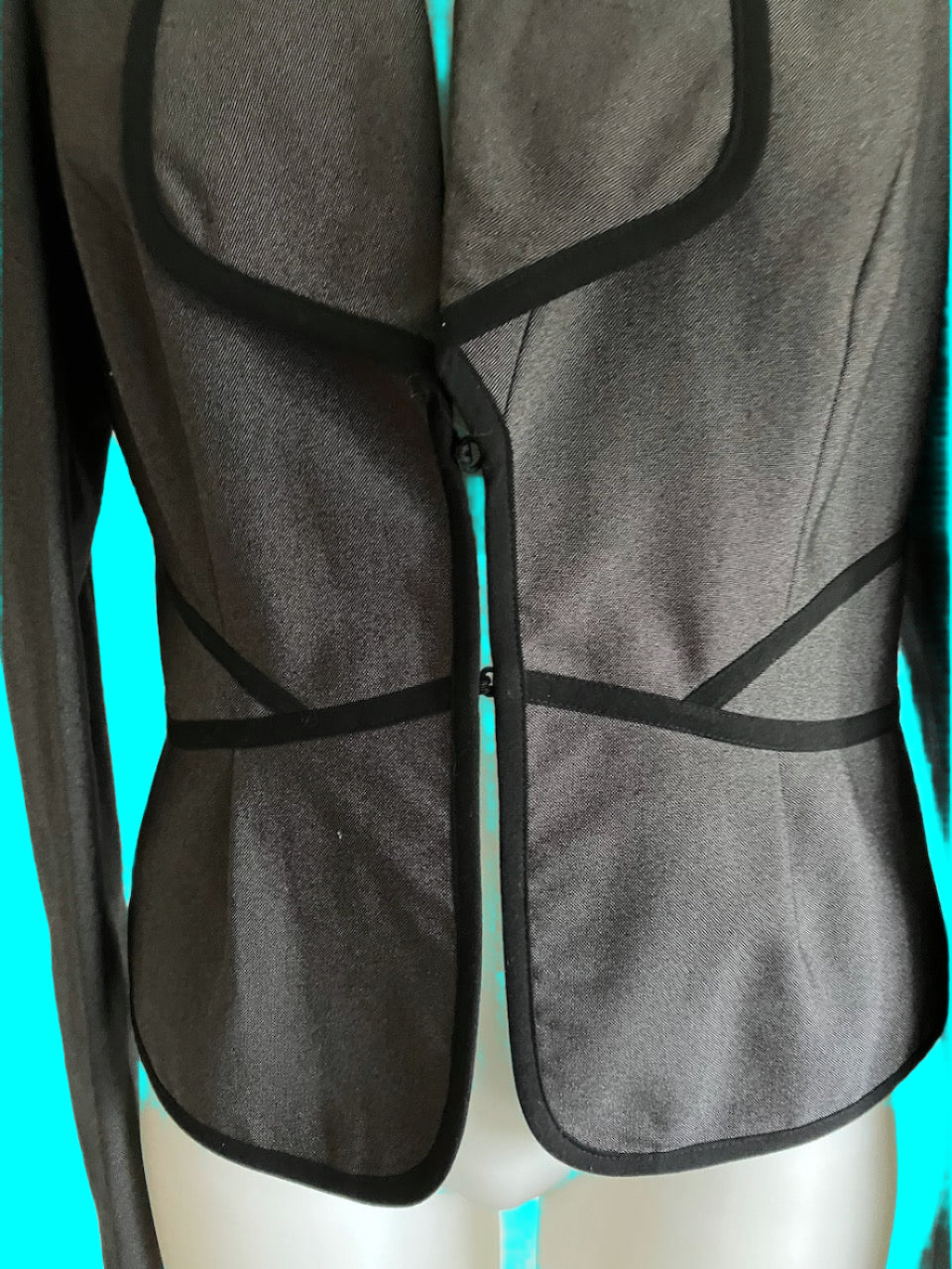 Jacqui E - Grey Blazer With Black Trim - Size: 12