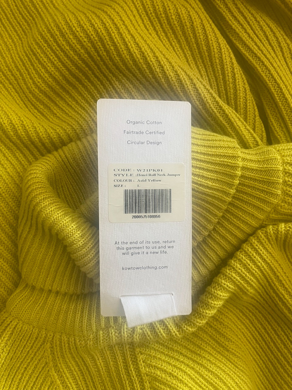 BRAND NEW - Kowtow - Henri Roll Neck Jumper - Acid Yellow - Size: L