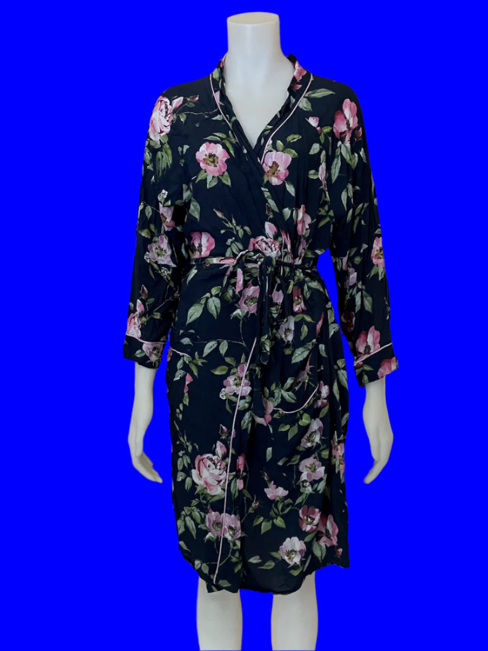 Wallace Cotton - Navy Robe With Peonies - Size: M
