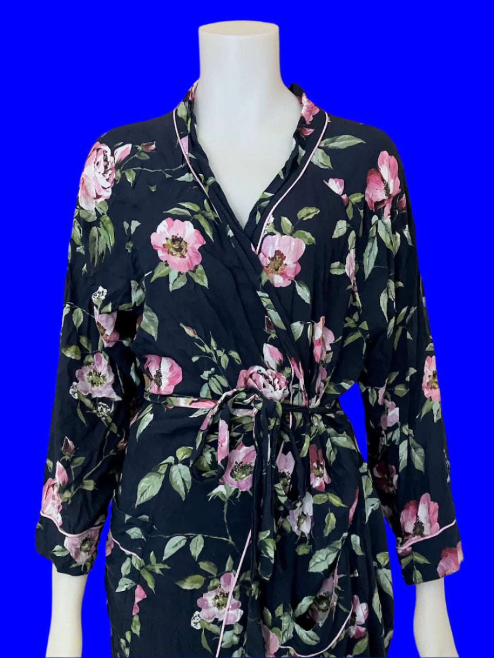 Wallace Cotton - Navy Robe With Peonies - Size: M