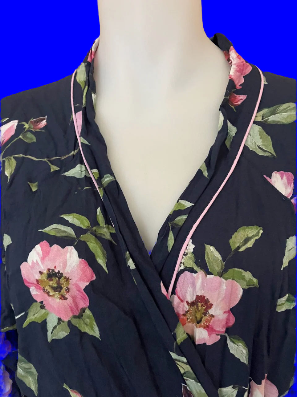 Wallace Cotton - Navy Robe With Peonies - Size: M