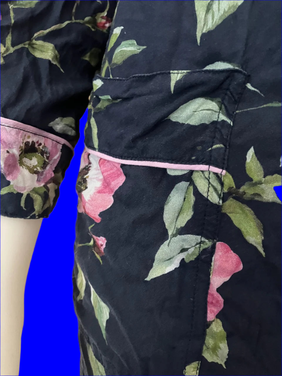 Wallace Cotton - Navy Robe With Peonies - Size: M
