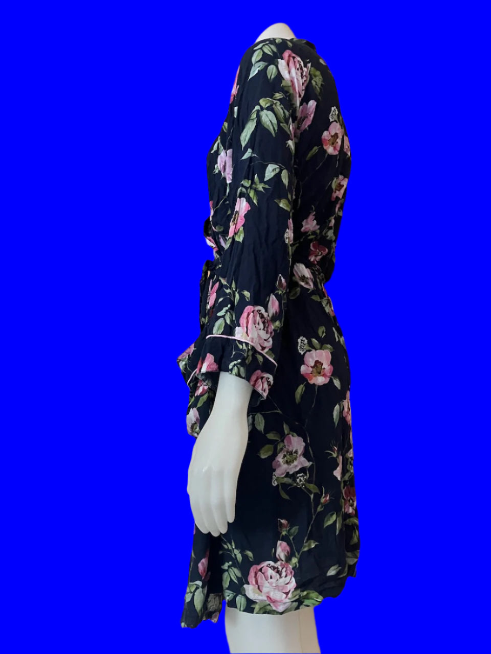 Wallace Cotton - Navy Robe With Peonies - Size: M