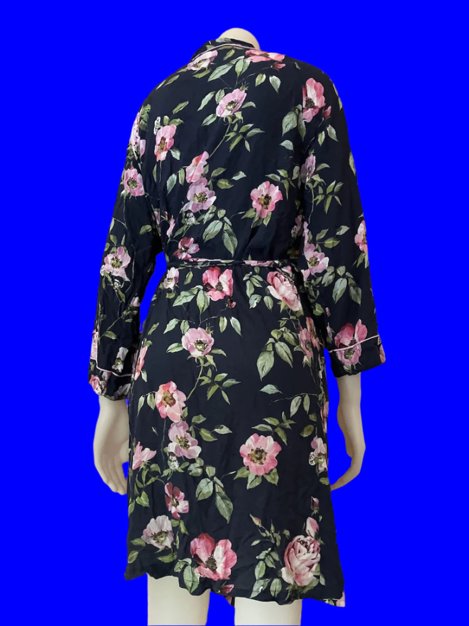 Wallace Cotton - Navy Robe With Peonies - Size: M