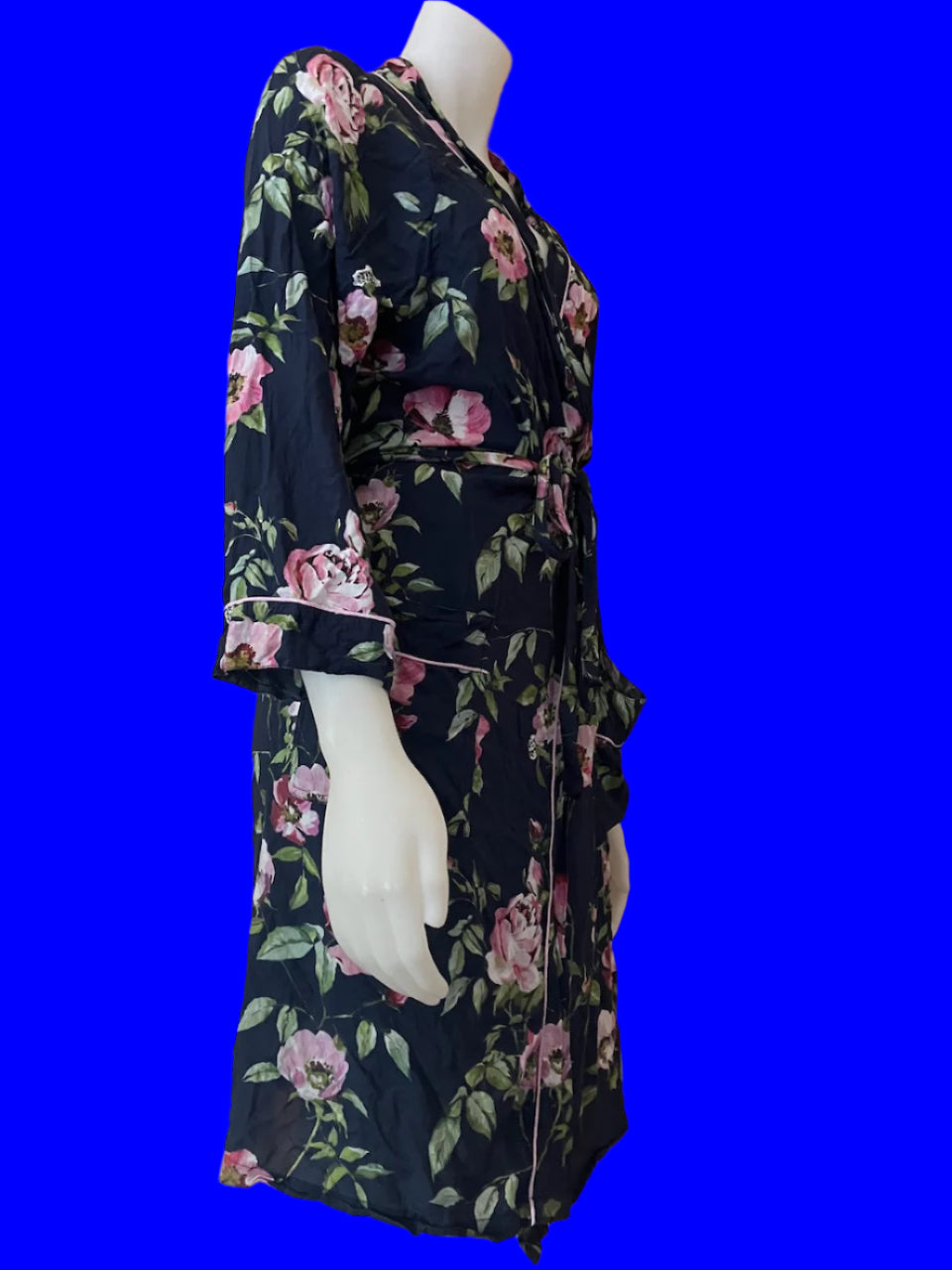 Wallace Cotton - Navy Robe With Peonies - Size: M