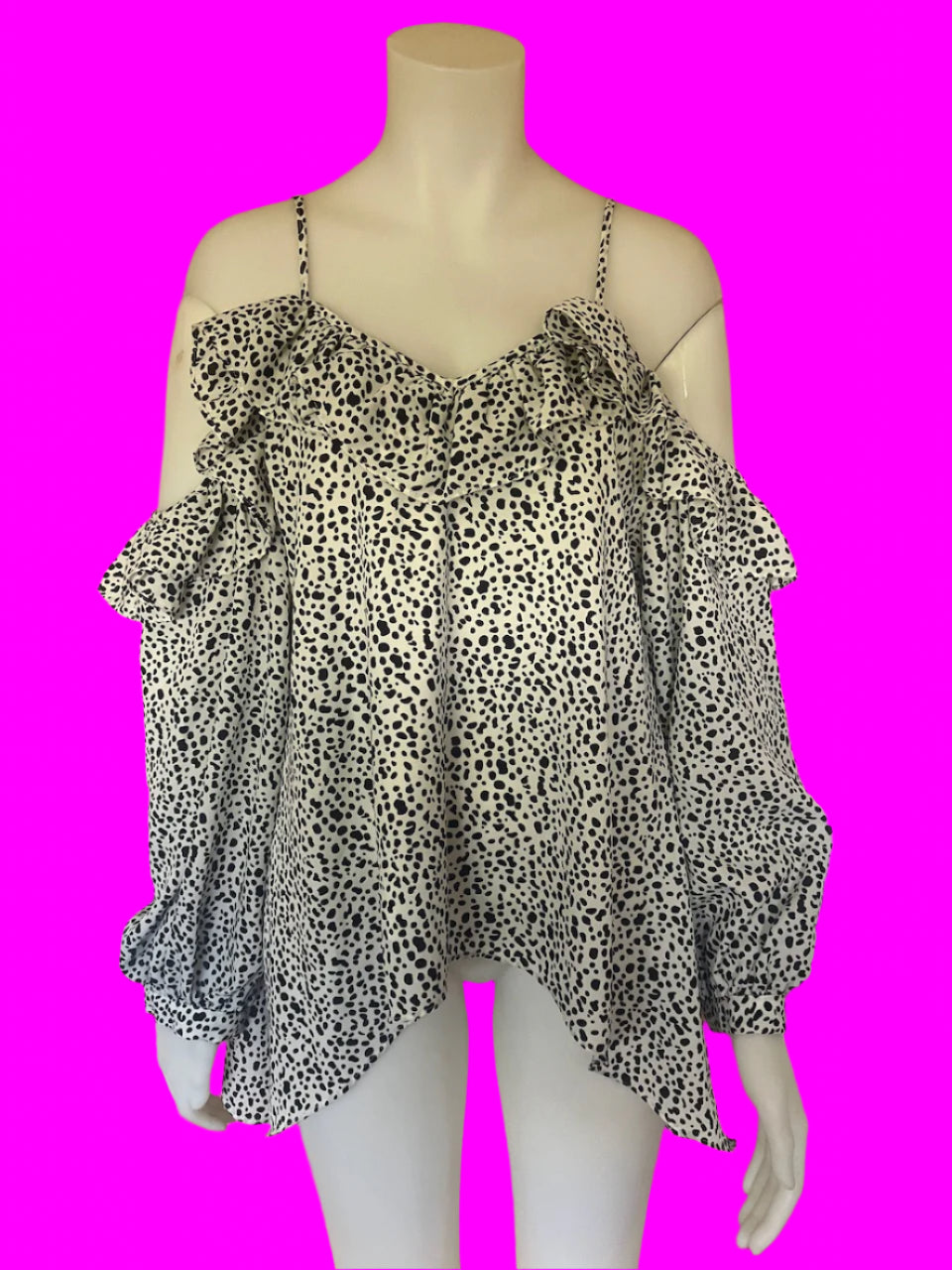 Augustine - Black & White Printed Top - Cold Shoulder and Frill Detailing - Size: M