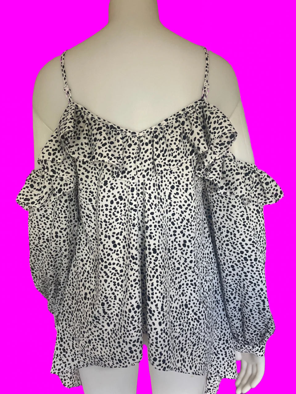Augustine - Black & White Printed Top - Cold Shoulder and Frill Detailing - Size: M