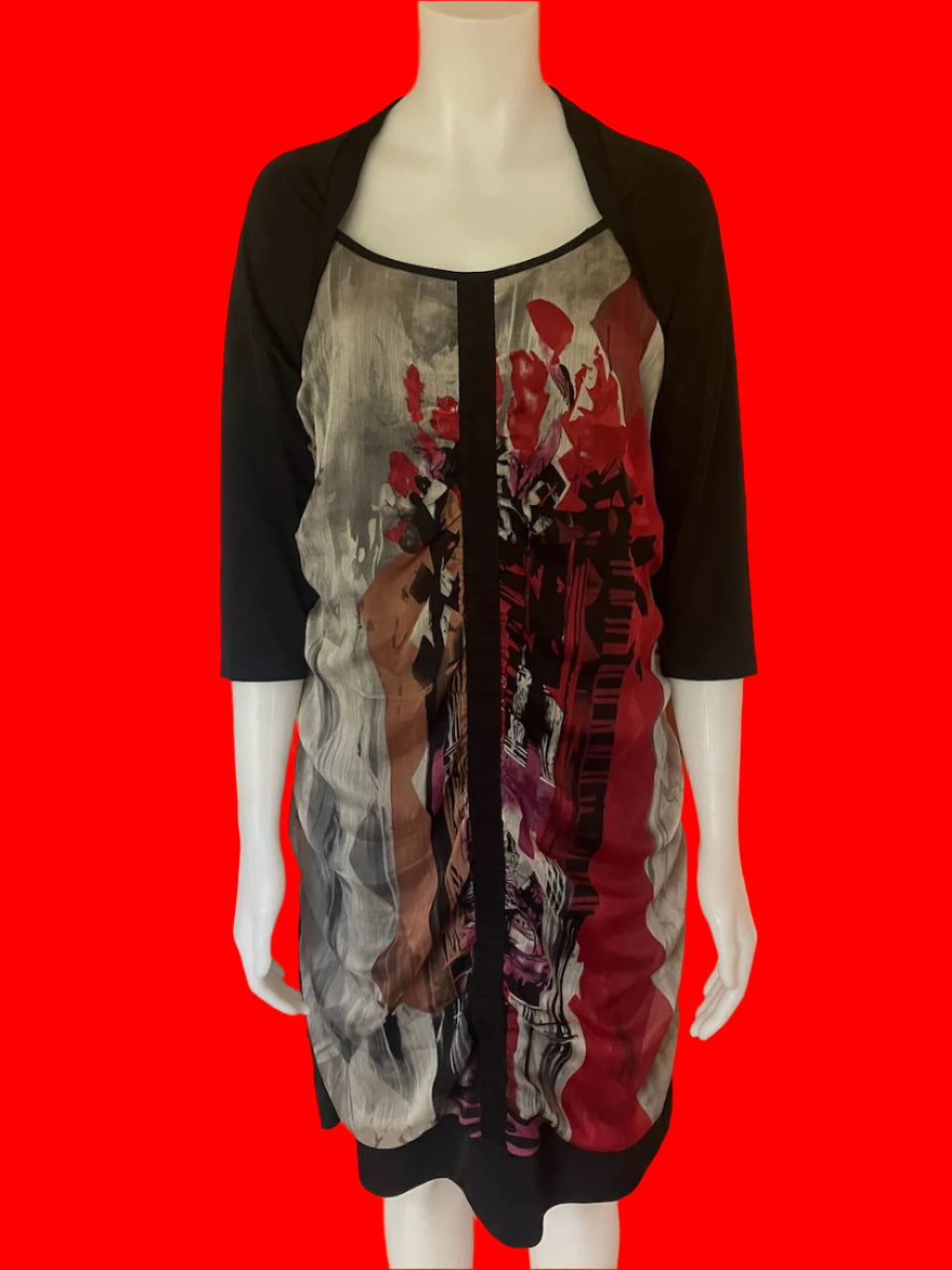 Taking Shape - Black Dress With Printed Front Panel - Size: 14