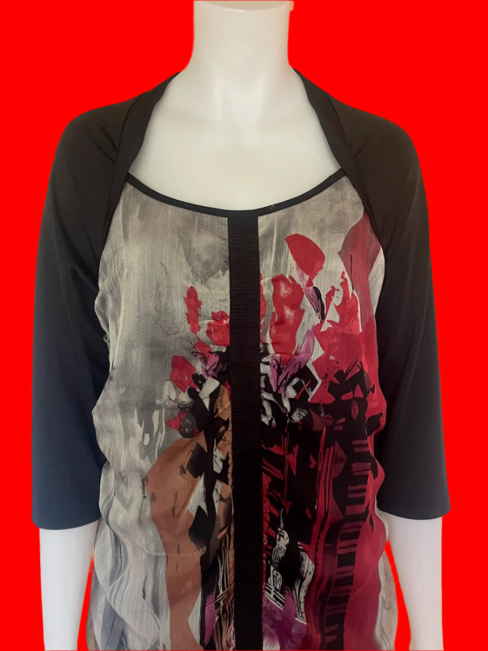 Taking Shape - Black Dress With Printed Front Panel - Size: 14