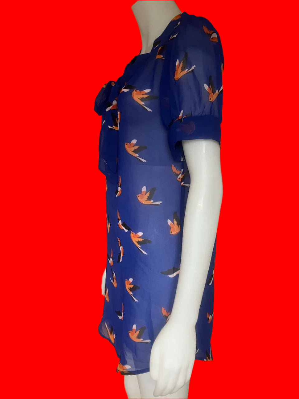 Bettie Monroe - Blue Tunic Top With Orange Bird Print - Size: S