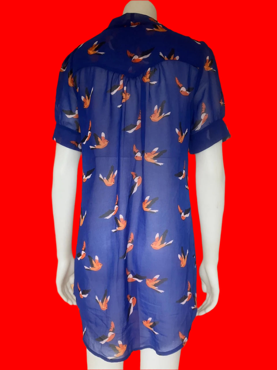 Bettie Monroe - Blue Tunic Top With Orange Bird Print - Size: S