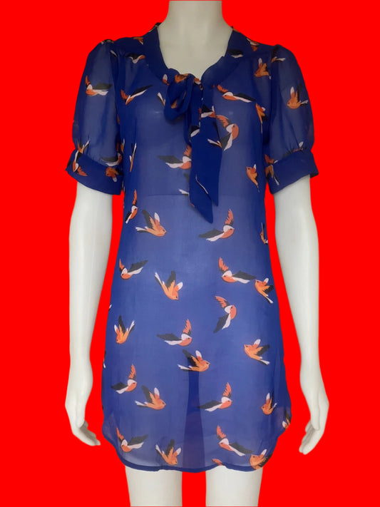 Bettie Monroe - Blue Tunic Top With Orange Bird Print - Size: S